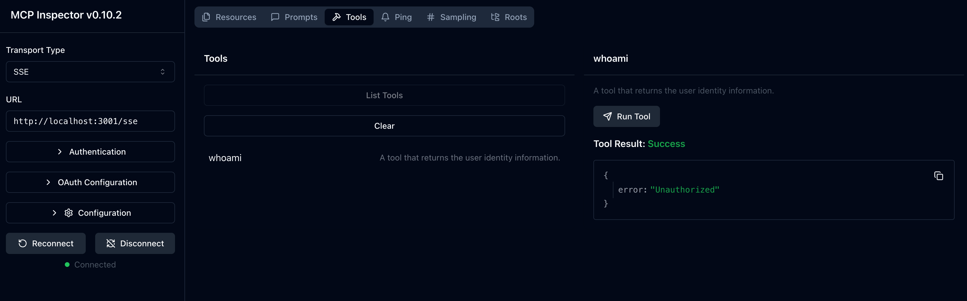 Primera ejecución del inspector MCP