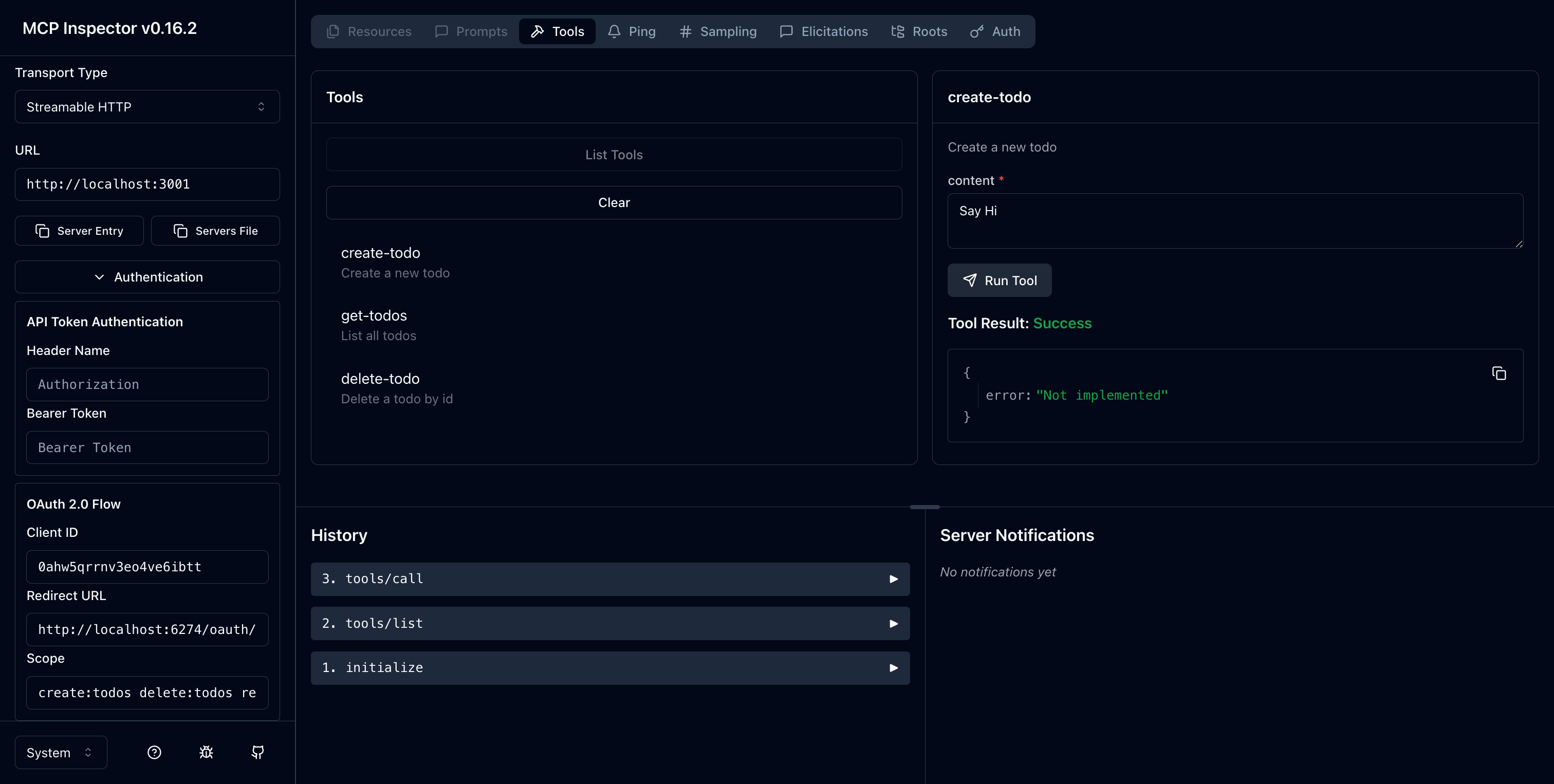 Primeira execução do MCP inspector